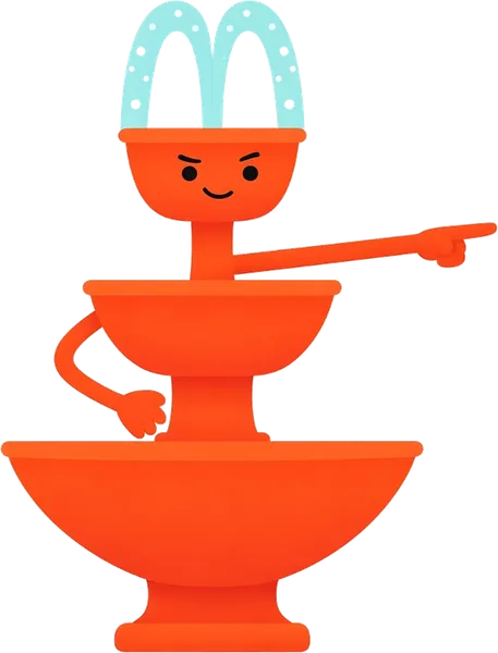 Atomo fountain mascot pointing towards the next step