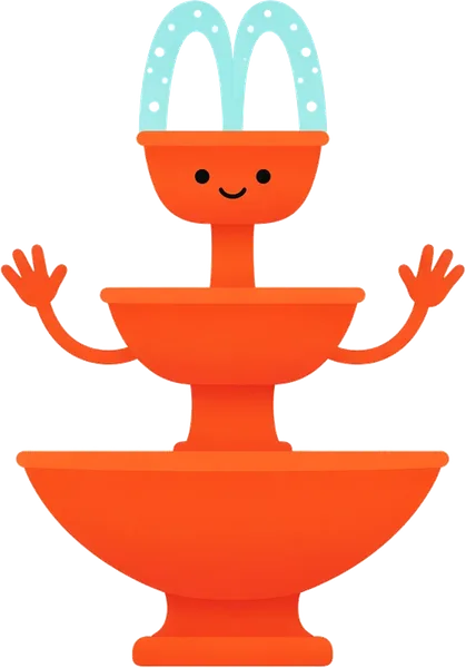 Atomo, the orange fountain mascot of Atomo AI Marketing Agency, waving hello